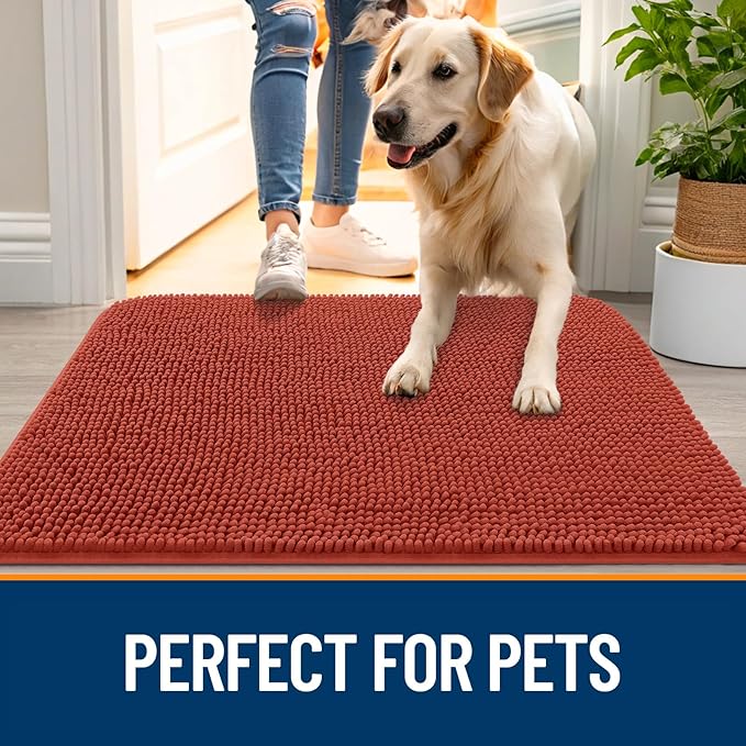 OLANLY Dog Door Mat for Muddy Paws 44x24, Super Absorbent Chenille Mud Mat | Maple Red, Absorbs Moisture and Dirt, Non-Slip Machine Washable Doormat, Quick-Drying Indoor Entryway Floor Carpet for Dogs