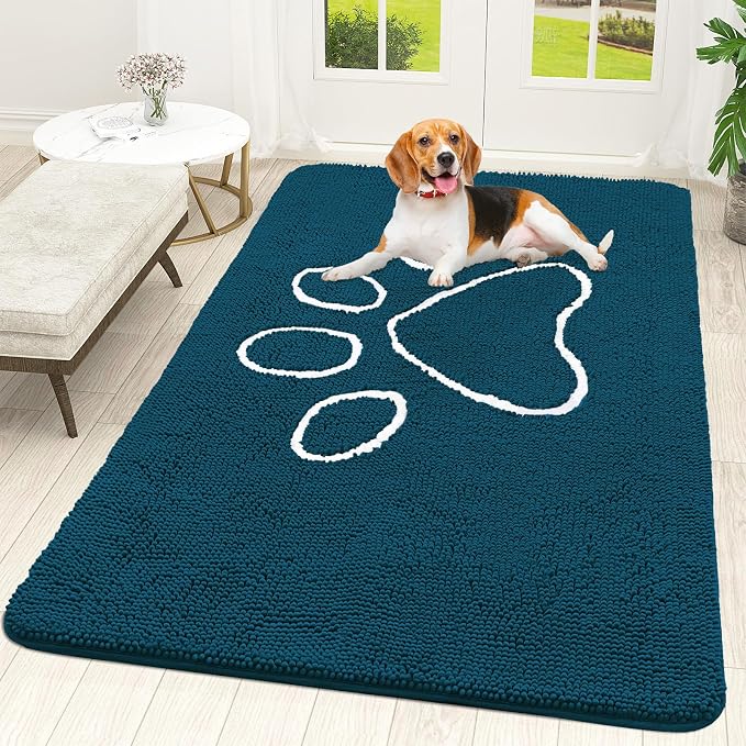 OLANLY Dog Door Mat for Muddy Paws 59x35, Paw Print Design Chenille Mud Mat | Atlantic Blue, Absorbent, Traps Moisture and Dirt, Non-Slip Washable Doormat, Quick-Dry Indoor Entryway Floor Carpet for Dogs