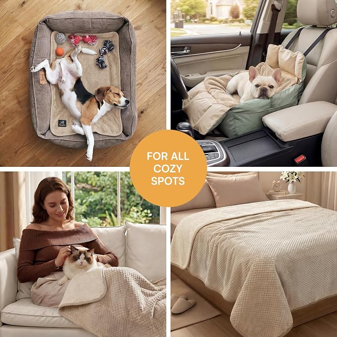 Luciphia Waterproof Blanket for Medium Large Dog Ultra-Soft & Calming Pet Throw Reversible Warm Fleece Durable Furniture Crate Couch Cover Protector Machine Washable Leakproof Beige M (57''x40'')