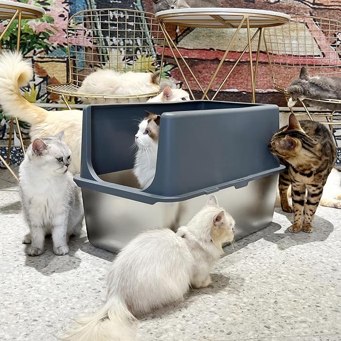 Stainless Steel Cat Litter Box with Lid, Covered Litter Box for Large Cats, 16" High Sides Enclosed Cat Litter Boxes, Extra Large Litter Box with Grey Lid, XL Metal Litter Pan, Easy to Clean