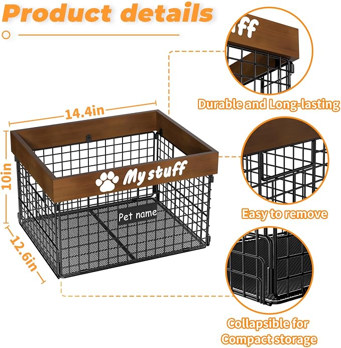 Dog Toy Bin Toy Basket Metal Storage Box with Handles Dog Organizer Chew-Proof Dog Toy Box Blankets Leashes Chest Puppy Dog Toy Storage Wood Metal Container Home Decor Pet Toys Dog Cat