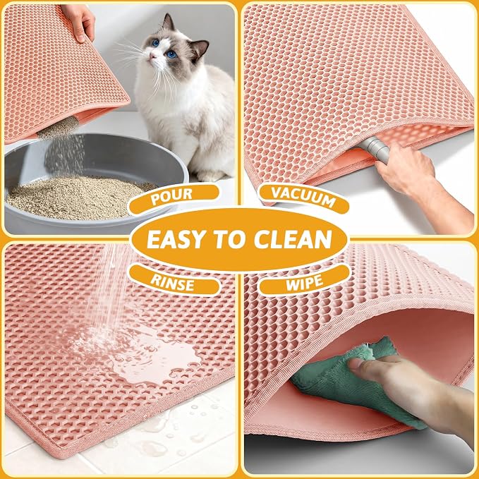 Pieviev Cat Litter Mat, Double-Layer Waterproof Design, 24" x 15" Coral Red | Honeycomb Litter Box Mat Catches Scattered Particles to Stop Tracking, Urineproof Base protects Floors, Easy to Clean