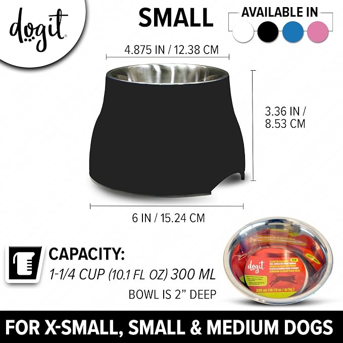 Dogit Elevated Dog Bowl, Stainless Steel Dog Food and Water Bowl for Small Dogs, Black, 73744