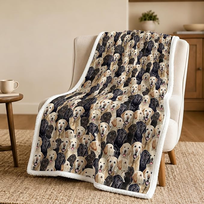 BlessLiving Labrador Retriever Throw Blanket with Dense Dog Patterns Black Golden Sherpa Fleece Blanket Couch Bed, Soft Cozy Warm Pet Blankets for Puppy Lovers Cute Animal Print Gift 50x60 Inches