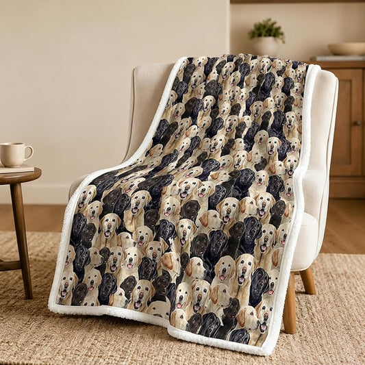 BlessLiving Labrador Retriever Throw Blanket with Dense Dog Patterns Black Golden Sherpa Fleece Blanket Couch Bed, Soft Cozy Warm Pet Blankets for Puppy Lovers Cute Animal Print Gift 50x60 Inches