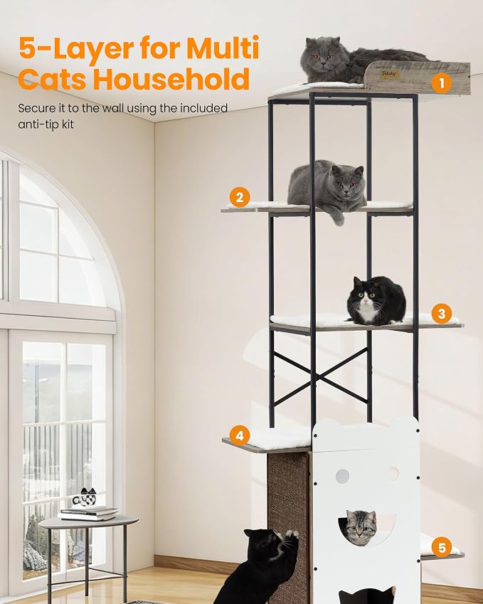 Wood Modern Cat Tree Tower, 84 Inch XL Tall Indoor Large Cat Condo | Heavy Duty XL Stable Wooden Cat Condo House Furniture with Multi-Level Spacious Perch Scratching Board Soft Washable Pads