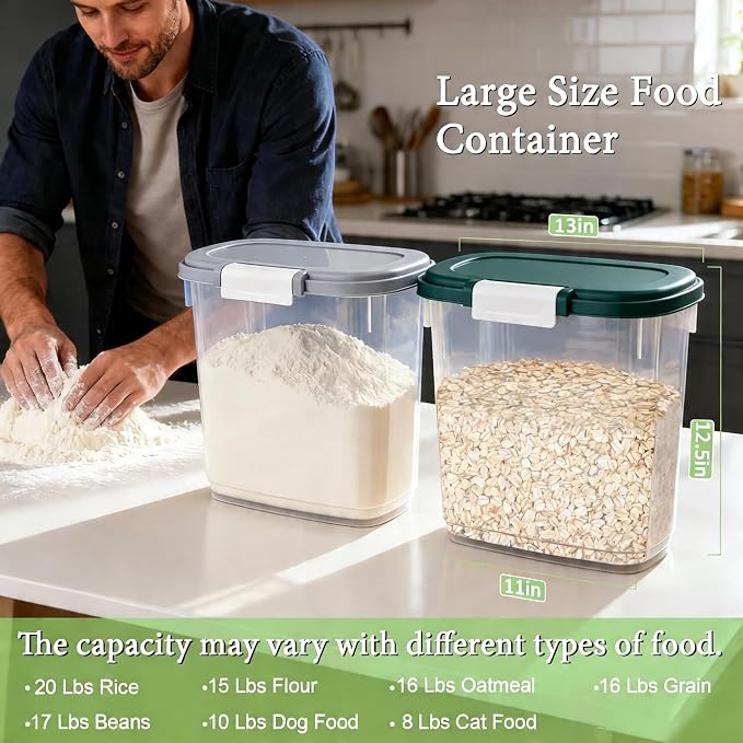 Rice Storage Container 15-20 Lbs, Tall Flour Bin Container with Scoop, Cup | Slim Dry Food Container Storage Bin for Cereal, Sugar, Beans, Pet, Dog, Cat Food, Kitchen and Pantry Storage Organization