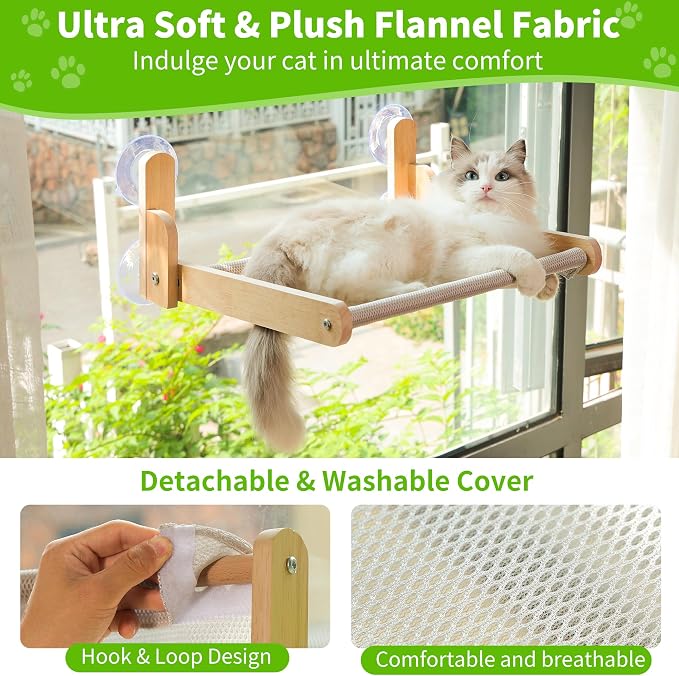 Cat Window Perch, Foldable Cat Hammock with Breathable Mesh Cover | Solid pine frame, four suction cups and removable washable mesh cover; no-drill setup, 20.47 x 14.96 in resting area.