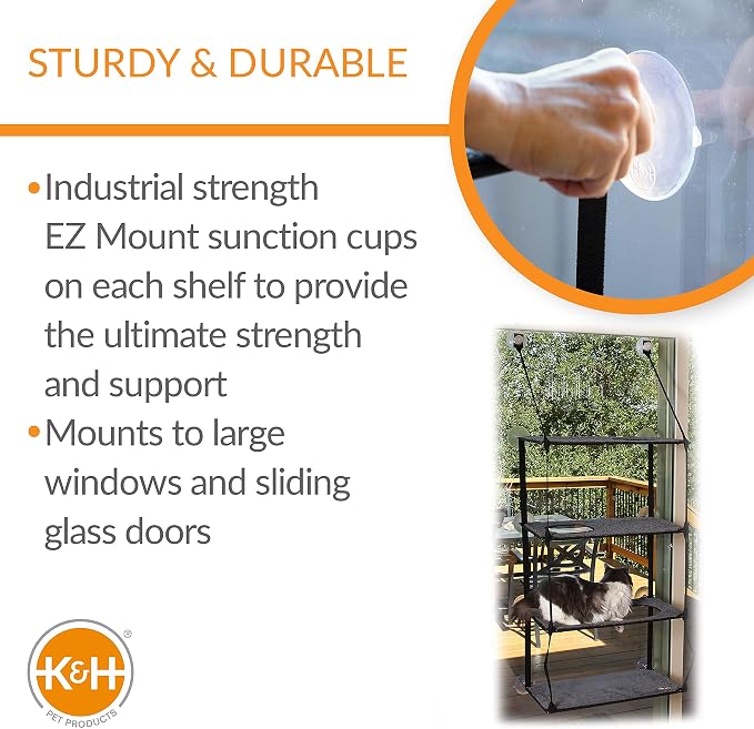 K&H Cat Window Perch, EZ Mount Quad Stack for Large Cats, 23x12in | Sturdy Cat Window Hammock Bed, Steel Frame, Suction Cups, 4 Washable Shelf Covers, Foldable, Fits 27in W X 59in H Glass