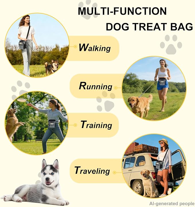 Dog Treat Pouch Open Top for Quick & Spill-Proof Access, Removable Pouch|Poop Bag Dispenser|3 Ways to Wear, Dog Treat Bag - Collapsible Bowl, Training Clicker & Poop Bag for Training & Walking. (Grey)