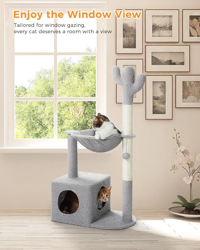 MUTTROS Cactus Cat Tree Cat Scratching Post 40" Cat Tower with Large Metal Carpet Hammock, Cat Scratching Post for Indoor Cats with Condo& Dangling Ball, Grey