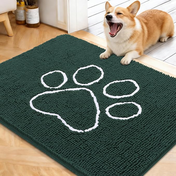 OLANLY Dog Door Mat for Muddy Paws 40x32, Paw Print Design Chenille Mud Mat | Blackish Green, Absorbent, Traps Moisture and Dirt, Non-Slip Washable Doormat, Quick-Dry Indoor Entryway Carpet for Dogs