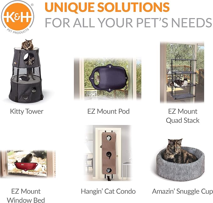K&H Cat Window Perch, EZ Mount Quad Stack for Large Cats, 23x12in | Sturdy Cat Window Hammock Bed, Steel Frame, Suction Cups, 4 Washable Shelf Covers, Foldable, Fits 27in W X 59in H Glass