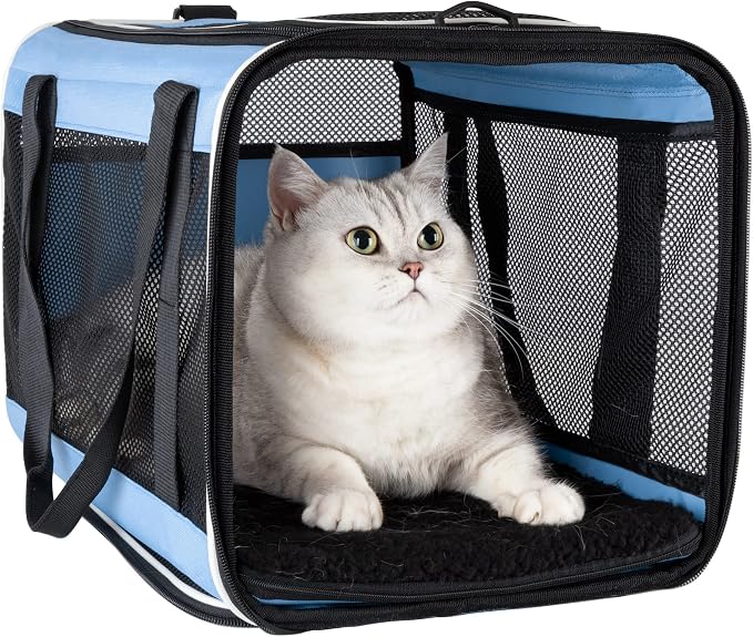 Soft Pet Carrier for Large and Medium Cats, 2 Kitties, Small Dogs. Easy to Get Cat in, Great for Cats that Don't Like Carriers (Blue)