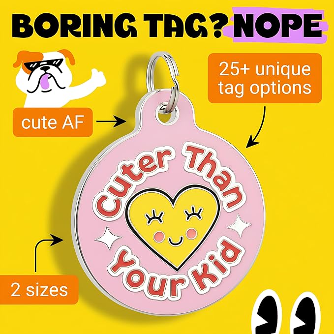 Bad Tags Personalized Dog and Cat ID Tags in 25+ Designs and 2 Sizes - 5 Lines of Custom Engraved Text - Funny Cute Personalized Pet Tags (Cuter Than Your Kid - Pink, Small (1 inch))