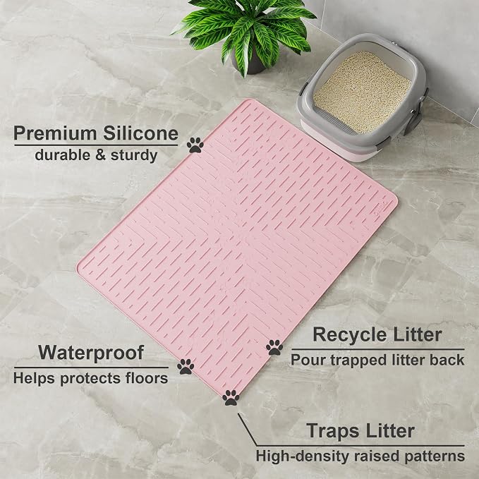OHMO Large Cat Litter Mat, 31.5x23.6 Silicone Trapping Mat Pink | for Kitty Litter Box, Easy Clean, BPA Free Rubber, Center Litter Collection, Easy Pour-Back, Waterproof, Odor-Resistant
