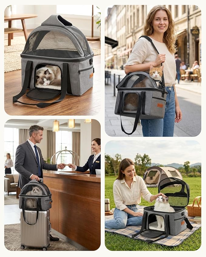 BurgeonNest Top-Expandable Large Cat Carrier, Soft-Sided Cat Bag Carrier for Medium & Large Cats Up to 15 lbs, Upgraded Small Dog Car Seat, Pet Travel Bag with Full-Open Canopy