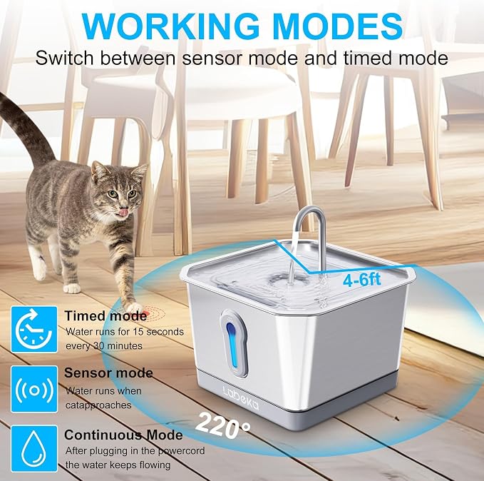 135oz/4L Wireless Cat Water Fountain, [304 Stainless Steel]&[Water and Electricity Separation Safety Design], Pet Fountain for Cats Inside, Easy to Clean for Cats and Dogs (Silver+2Filters)