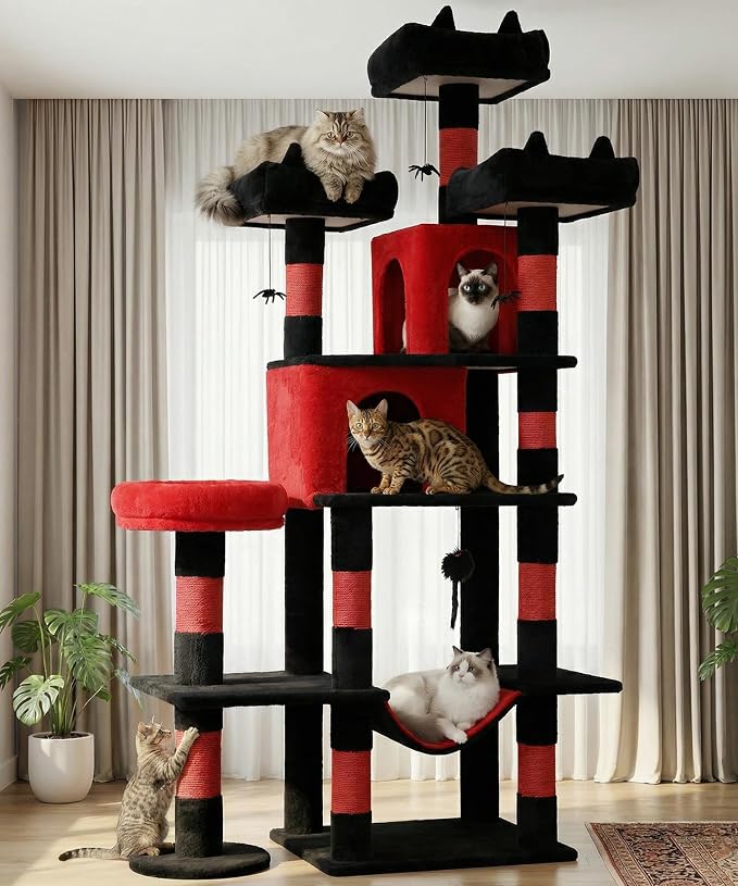 Gothic Cat Tree, 71 Inch Heavy Duty Cat Trees for Large Cats | Tall Cat Tree Tower with Extended Base, 2 Condos, 3 Perches, 9 Sisal Posts & Hammock for Indoor Adult Cats, Black Red