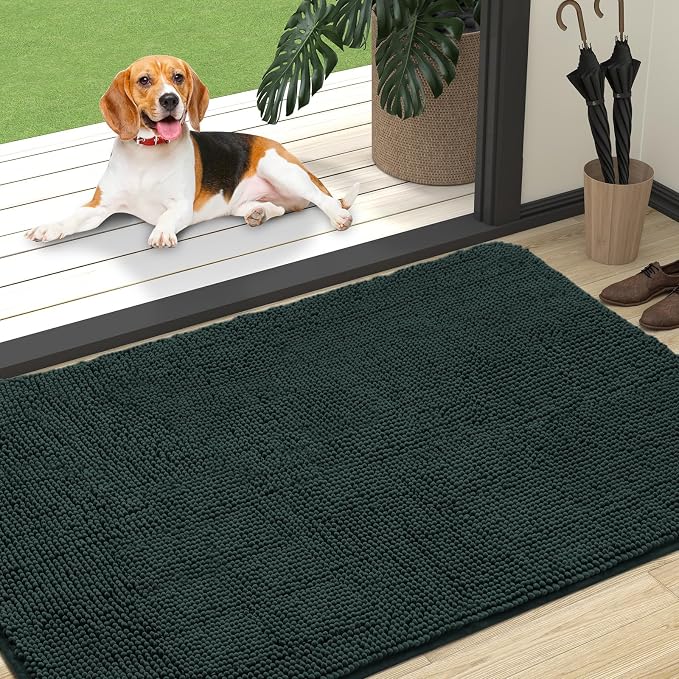 OLANLY Dog Door Mat for Muddy Paws 47x32, Super Absorbent Chenille Mud Mat | Blackish Green, Absorbs Moisture and Dirt, Non-Slip Machine Washable Doormat, Quick-Dry Indoor Entryway Floor Carpet for Dogs