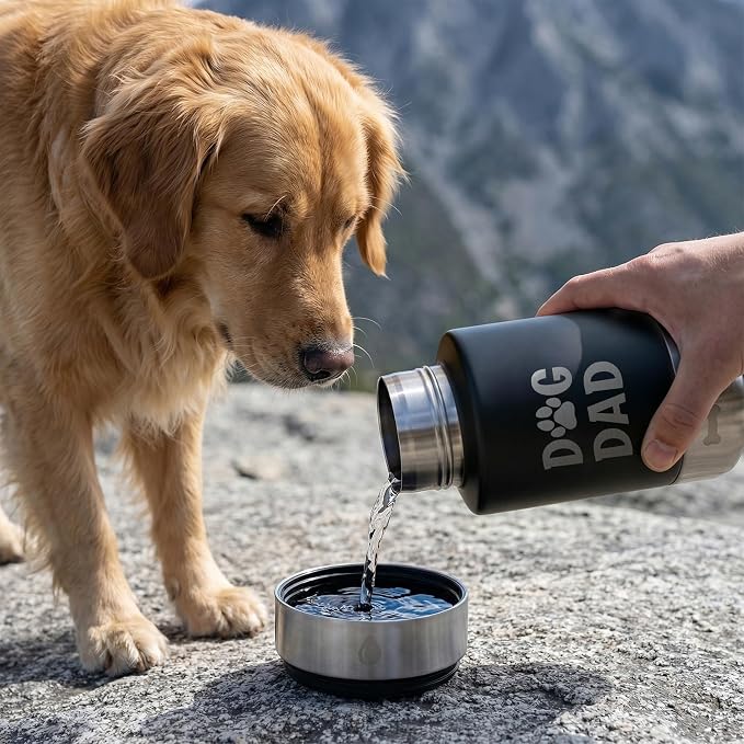 Dog Water Bottle 32oz, Insulated Stainless Steel Travel Water Dispenser with 2 Detachable Dog Bowls for Food and Water, Leak Proof Portable Pet Drinking Cup for Walking Hiking Camping