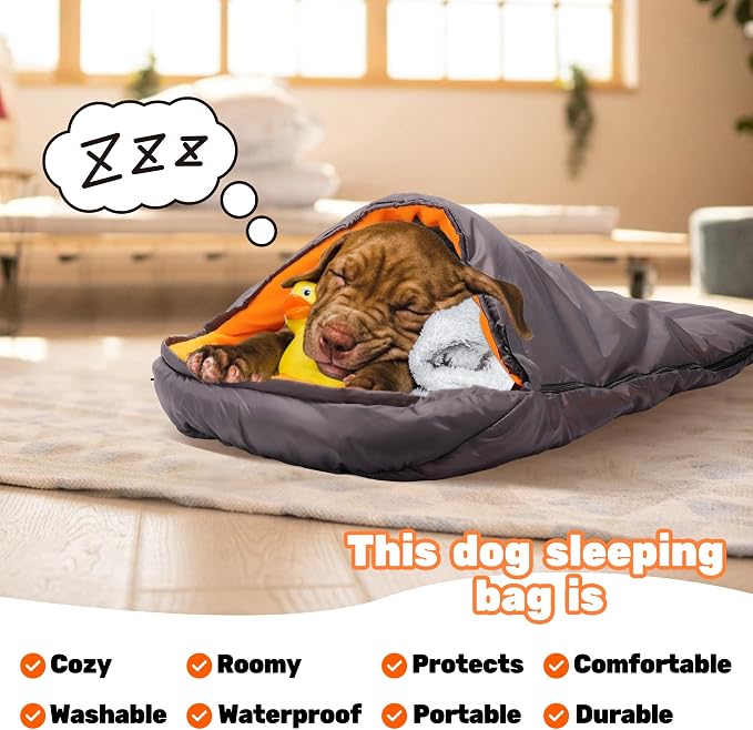 Lifeunion Dog Sleeping Bag with Storage Bag Waterproof Warm Packable Dog Bed for Travel Camping Hiking Backpacking (Grey+Orange)