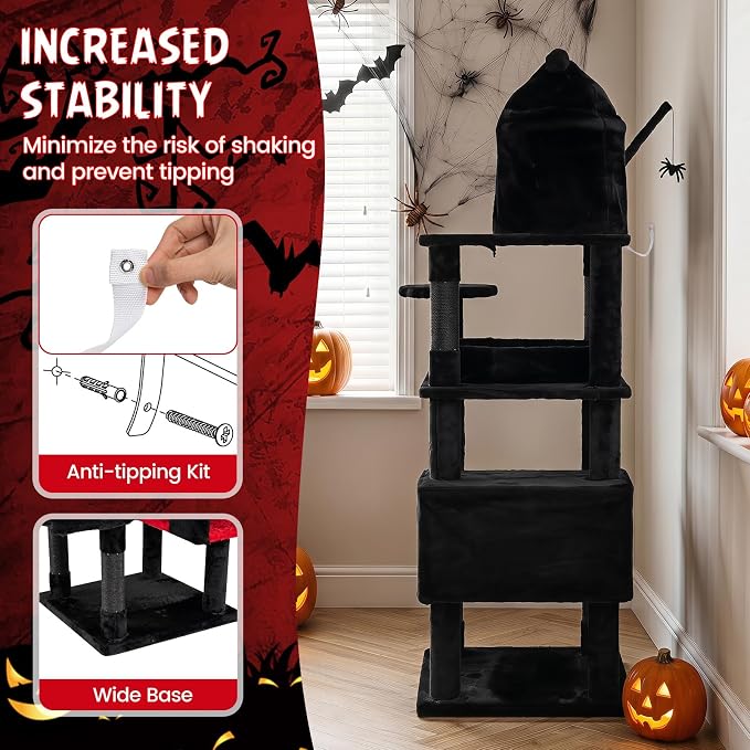 70-inch Gothic Cat Tree, Multi-Level Black Cat Tower | | Robust Scratching Posts | Coffin Bed | Castle-Shaped Comfy Cat Condo | Dual-Entry Condo | Spider-Shaped Hanging Toys |