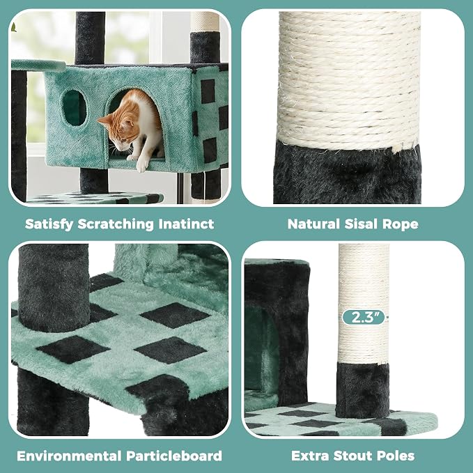 ZENY 53‘‘ Cat Tree with Sisal-Covered Scratching Posts and 2 Plush Rooms Cat Furniture for Kittens (Green + Black)
