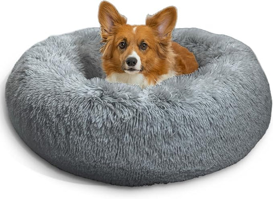 Best Friends by Sheri The Original Calming Donut Dog Bed for Small Dogs up to 25 lbs, Shag Faux Fur, Gray, 23" x 23"