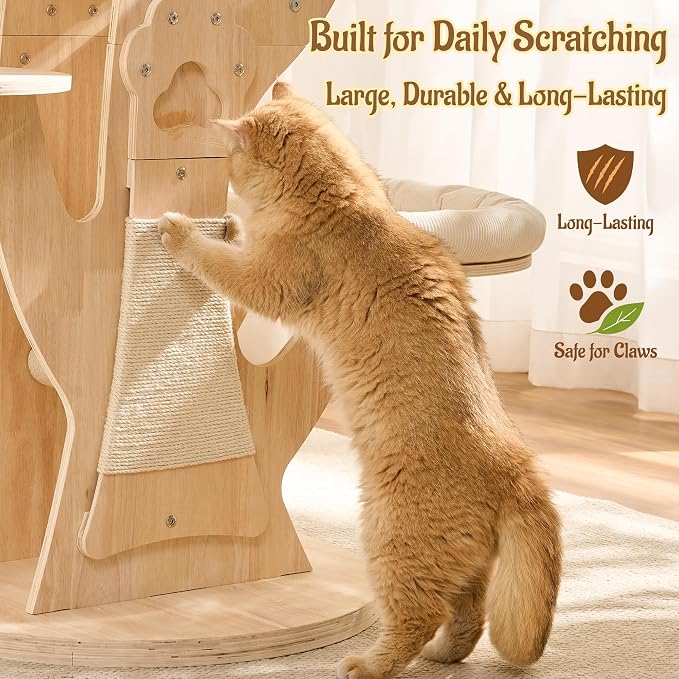 65" Modern Wood Cat Tree for Indoor Cats, Multi-level Cat Tower with Hidden Cat House, Cozy Beds, Hammock, Capsule perch, Spacious Scratching Board & Interactive Toys, Furniture-Style Cat Condo