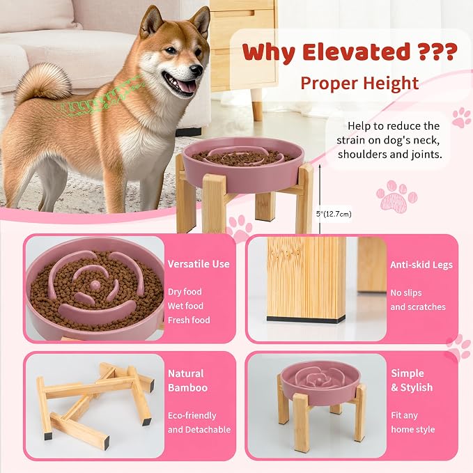 Elevated Slow Feeder Dog Bowl Large Breed, 8.8 Inch Ceramic Slow Eating Bowl with Bamboo Stand, Anti-Choking Raised Maze Design for Medium to Large Dogs, 3.2 Cup, Pink