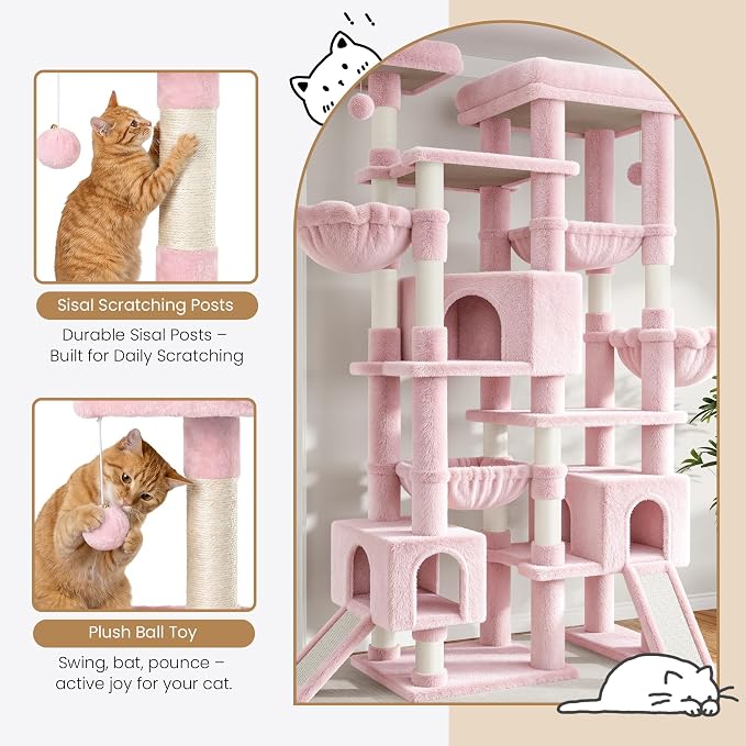 Sha Cerlin 87 in Multi-Level Tall Cat Tree Tower for Large Cats/Extra Wide Feline Activity Center/Sisal Scratching Posts/Wide Base/Cozy Plush Perches/Baskets/Hammocks/Toy Balls/Pink