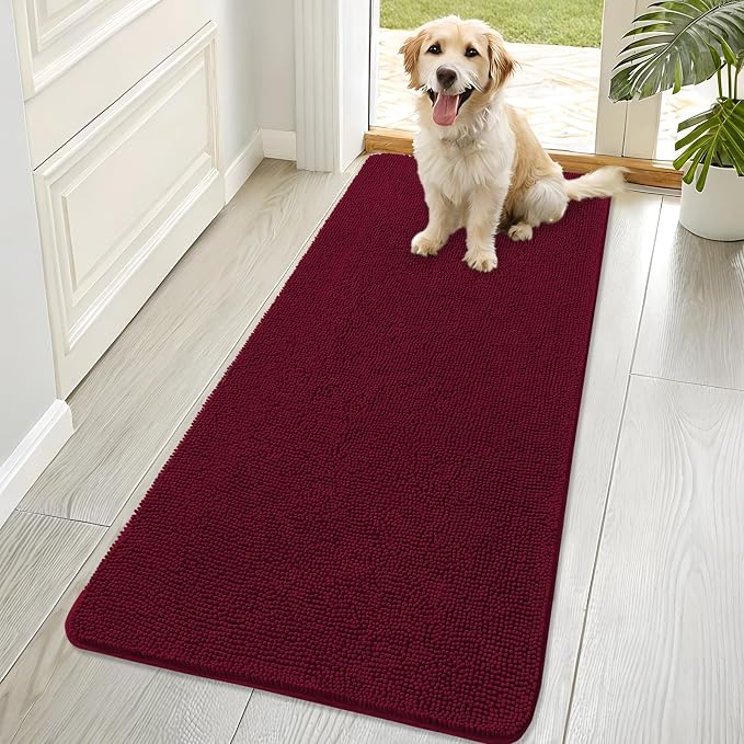 OLANLY Dog Door Mat for Muddy Paws 70x32, Super Absorbent Chenille Mud Mat | Burgundy, Absorbs Moisture and Dirt, Non-Slip Machine Washable Doormat, Quick-Drying Indoor Entryway Floor Carpet for Dogs