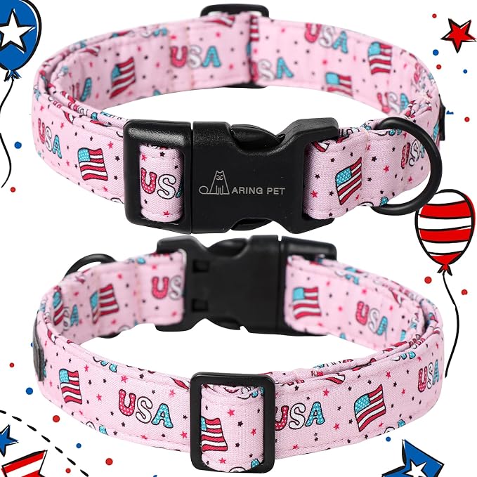 ARING PET 4th of July Collars for Dogs, Fourth of July Pink Patriotic USA Flag Dog Collar for Puppy Small Medium Large Boy Girl Doggy-M