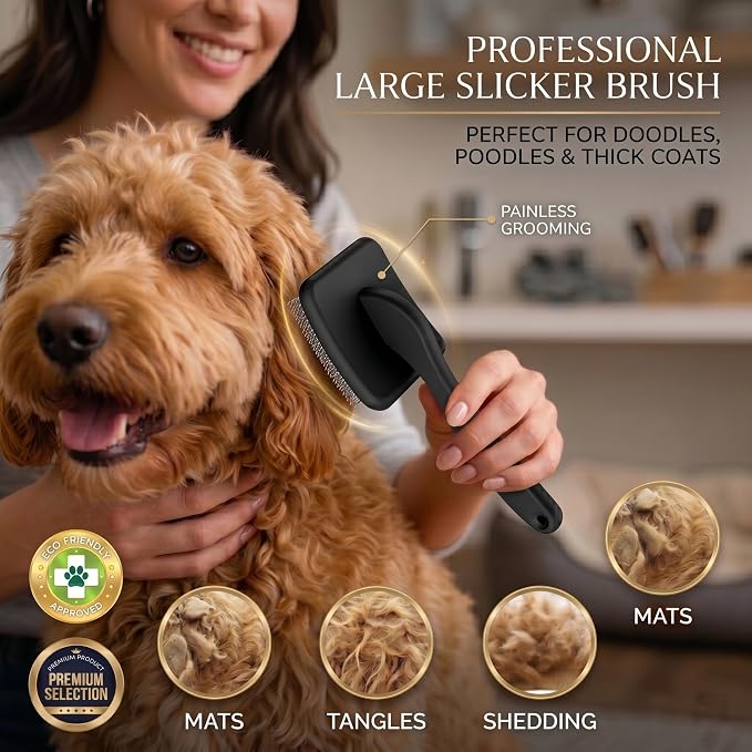 Slicker Brush for Dogs, Professional Dog Grooming Brush Kit 4PCS | Doodles Brush for Goldendoodles Poodles, Long Pin Haired Brush, Easy to Daily Detangling to Prevent Matting