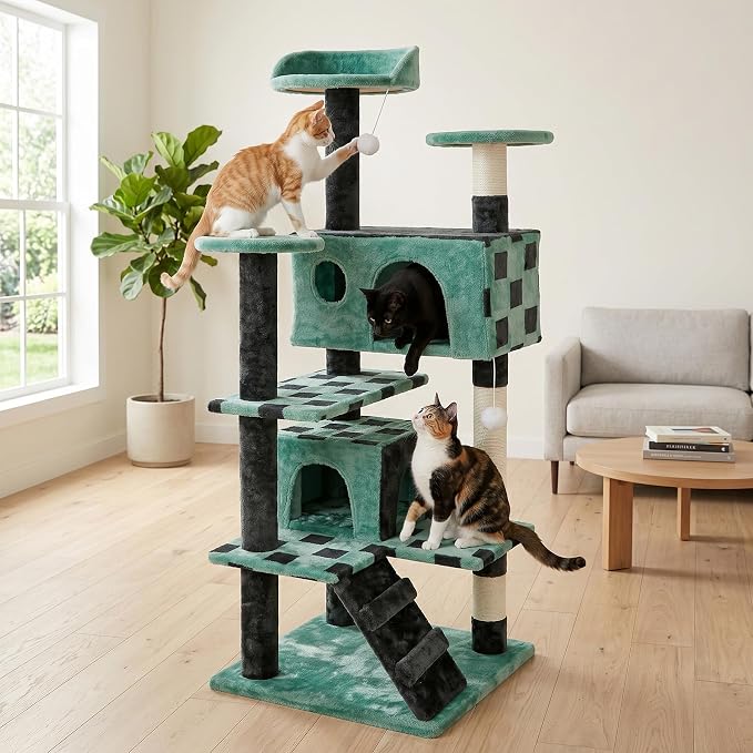 54in Cat Tree Tower for Indoor Cats Multi-Level Cat Condo Cat Bed Furniture with Scratching Post Kittens Activity Center (Green)