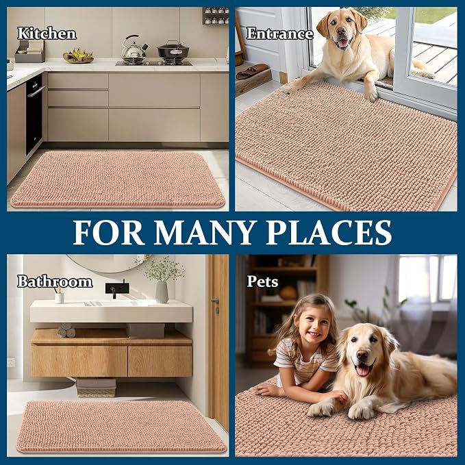 OLANLY Dog Door Mat for Muddy Paws 44x24, Super Absorbent Chenille Mud Mat | Peach, Absorbs Moisture and Dirt, Non-Slip Machine Washable Doormat, Quick-Drying Indoor Entryway Floor Carpet for Dogs