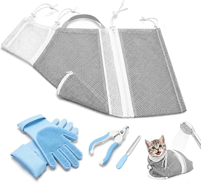 Cat Bathing Set with Pet Grooming Gloves for Cat Grooming, Upgraded Breathable Cat Bag for Bath with Openable Zipper and Reinforced Handle, Cat Washing Set with Nail Clipper File (Gray)