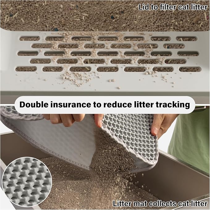 XL Stainless Steel Litter Box with Lid, Extra Large Cat Litter Box | Metal Cat Litter Box for Big Cats with High Sides, Anti-Urine Leakage,Easy Cleaning, Non-Stick, Include Scoop and Mat