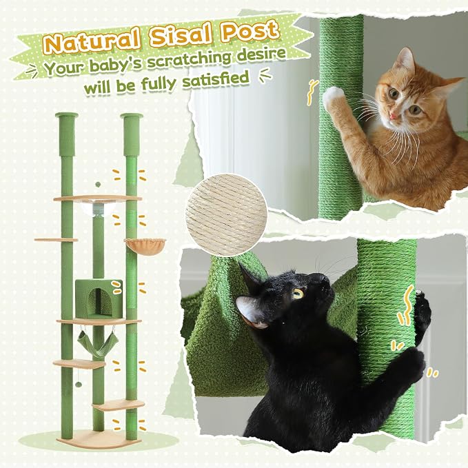 PEQULTI Floor to Ceiling Cat Tree, 92.9-101.6in Adjustable Cat Tower, Green | Adjustable tower braces floor to ceiling; cozy condo, large hammock, perches & 9 sisal posts on fan base with anti-tip strap
