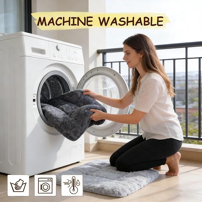 Washable Dog Bed for Small to Large Dogs, Calming Anti Anxiety Medium Dog Bed, Deluxe Plush Faux Fur Crate Beds, Comfy Fluffy Kennel Pad Pet Mat with Non-Slip Bottom, 41"x27", Dark Grey