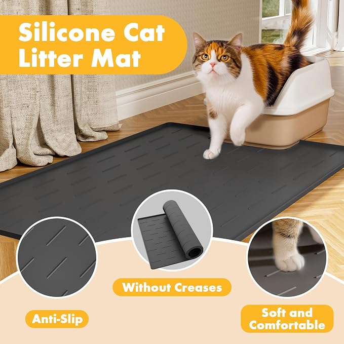 Pieviev Silicone Cat Litter Mat, Traps Litter & Easy to Clean, 34'' x 22'' | Raised Edges Lock Litter & Urine, Scratch and Wear-Resistant Cat Box Mat, Non-Slip Backing, Fit Most Standard Boxes