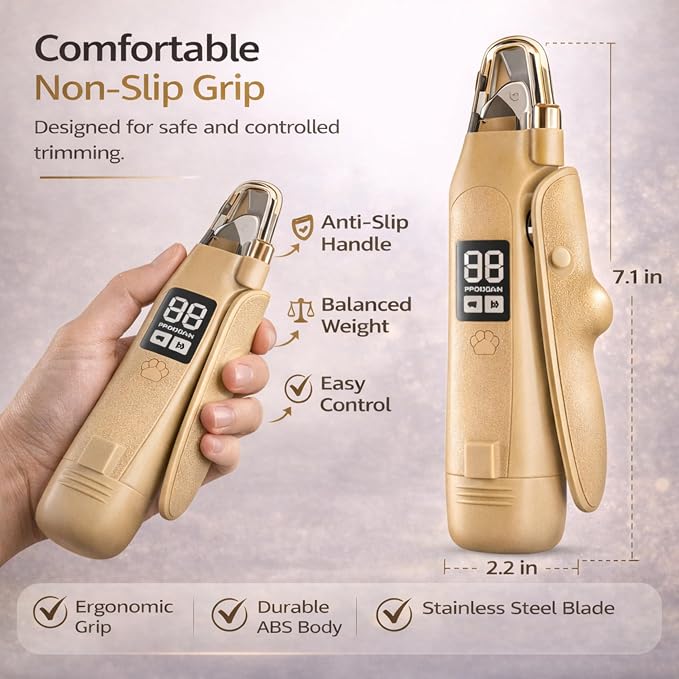 2-in-1 Dog Cat Nail Clippers with Light Bloodline Indicator & Electric Grinder – Type-C Rechargeable Dog Cat Nail Trimmer – Low Noise Grooming Tool with Battery Display (Dark Beige)