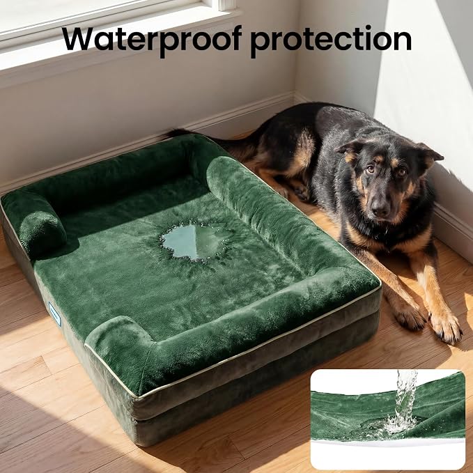 OhGeni Orthopedic Dog Bed Couch Big Cat Sofa for Extra Large Sized Pets with Memory Foam, Machine-Washable Waterproof Removable Cover, Soft Comfortable Fabric, 44-inch (Green)