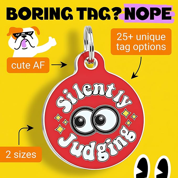 Bad Tags Personalized Dog and Cat ID Tags in 25+ Designs and 2 Sizes - 5 Lines of Custom Engraved Text - Funny Cute Personalized Pet Tags (Silently Judging - Red, Small (1 inch))