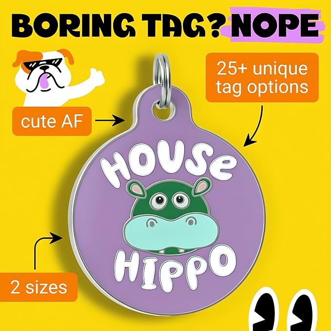 Bad Tags Personalized Dog and Cat ID Tags in 25+ Designs and 2 Sizes - 5 Lines of Custom Engraved Text - Funny Cute Personalized Pet Tags (House Hippo - Purple, Large (1.25 inch))