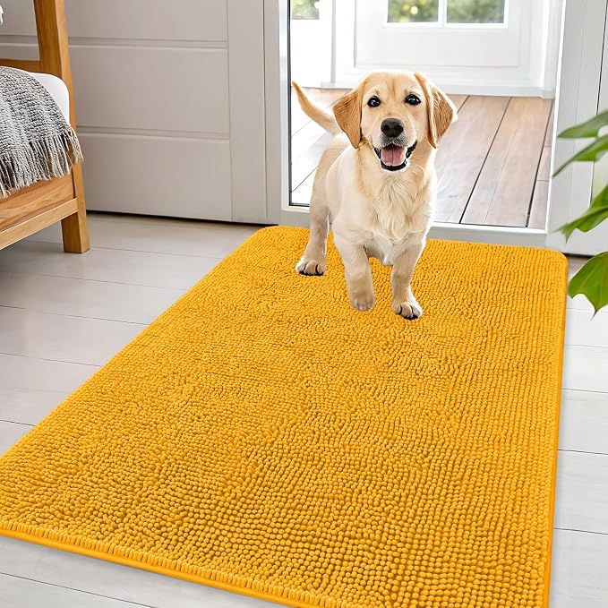 OLANLY Dog Door Mat for Muddy Paws 44x32, Super Absorbent Chenille Mud Mat | Golden Yellow, Absorbs Moisture and Dirt, Non-Slip Machine Washable Doormat, Quick-Dry Indoor Entryway Floor Carpet for Dogs