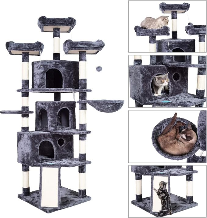Hey-brother Cat Tree Tower with Multi-Level Large Condo, Platform, MPJ032G | 73.4 Inch Cat Tower with 3 Caves, 3 Cozy Perches, Scratching Posts, Board, Activity Center Stable for Indoor Cats, Smoky Gray