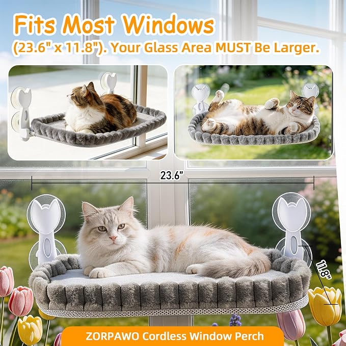 Cat Window Perch - Gray Cordless Foldable Cat Window Hammock for Large Cats, Sturdy Metal Frame Hanging Cat Bed, 40 lbs Capacity