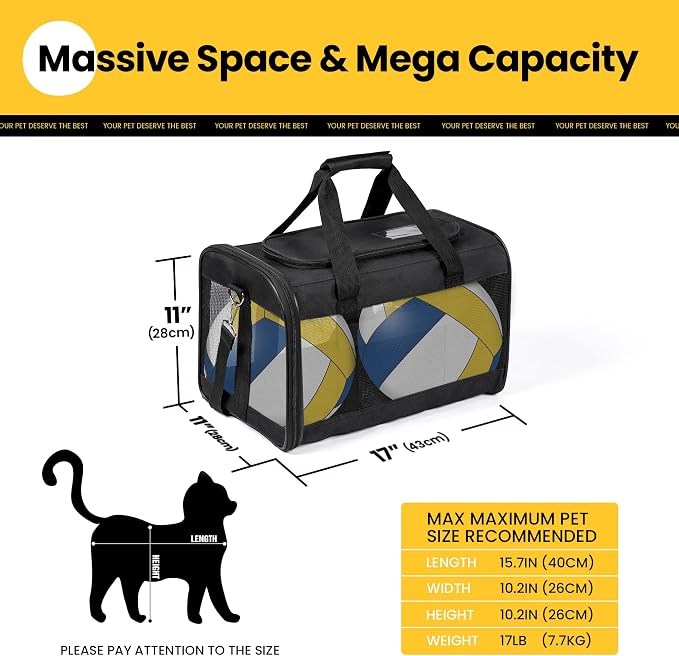 Conlun Cat Carrier Airline Approved, Soft-Sided Dog Carrier with Inner Safety Leash, Pet Transport Carrier for Small-Medium Cats Puppies up to 15 Lbs, Collapsible Travel Kitten Carrier Bag -BlackM